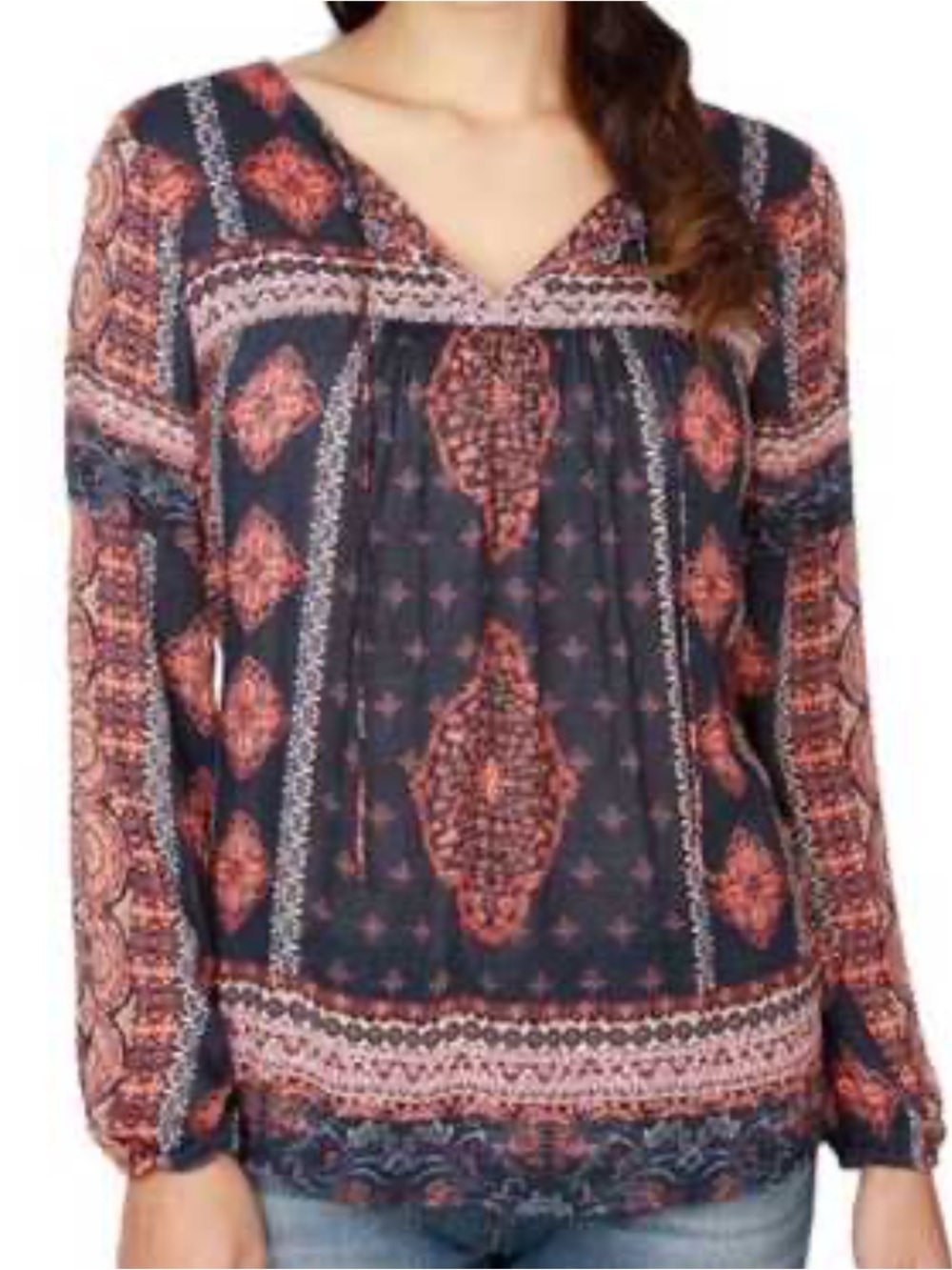 Lucky Brand Boho Printed Long-Sleeve Peasant Top - Navy & Coral 2X